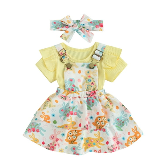 Elippeo Summer Easter Infant Baby Girl Outfit 3 6 12 18 24 Months Solid Ribbed Short Sleeve Romper Suspender Skirt and Headband Set
