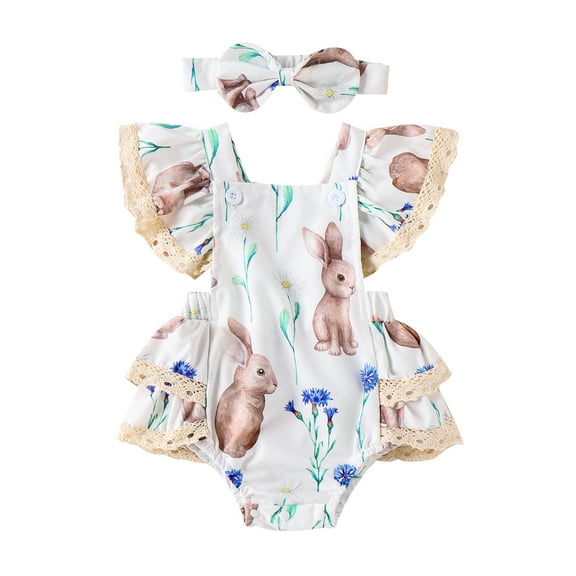 Elippeo Summer Easter Infant Baby Girl Outfits 3 6 9 12 18 Months Fly Sleeve Bunny Print Bodysuit + Bow Headband Clothes Set