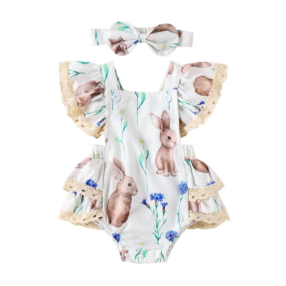Elippeo Summer Easter Infant Baby Girl Outfits 3 6 9 12 18 Months Fly Sleeve Bunny Print Bodysuit + Bow Headband Clothes Set