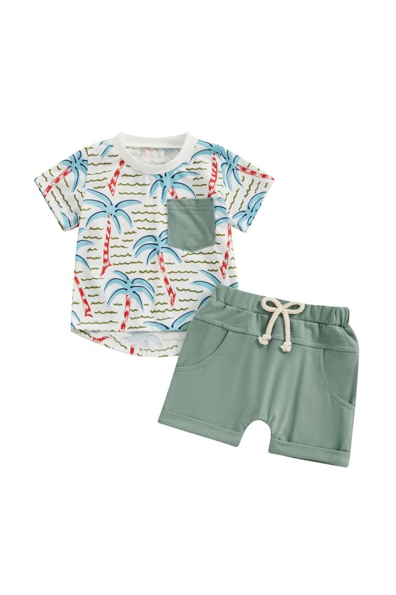 Summer Toddler Infant Baby Boy Set 6M 12M 18M 24M 3Y Short Sleeve Coconut Tree Print Tops + Elastic Waist Shorts Outfits Clothes