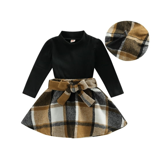 Elippeo Toddler Autumn Clothing Children Outfits 9M 12M 18M 24M 3Y Solid Ribbed Long Sleeve Mock Neck Tops   Plaid Skirt   Beret Hat 3Pcs Set