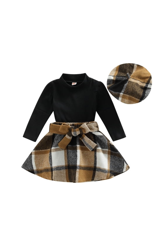 Toddler Autumn Clothing Children Outfits 9M 12M 18M 24M 3Y Solid Ribbed Long Sleeve Mock Neck Tops + Plaid Skirt + Beret Hat 3Pcs Set