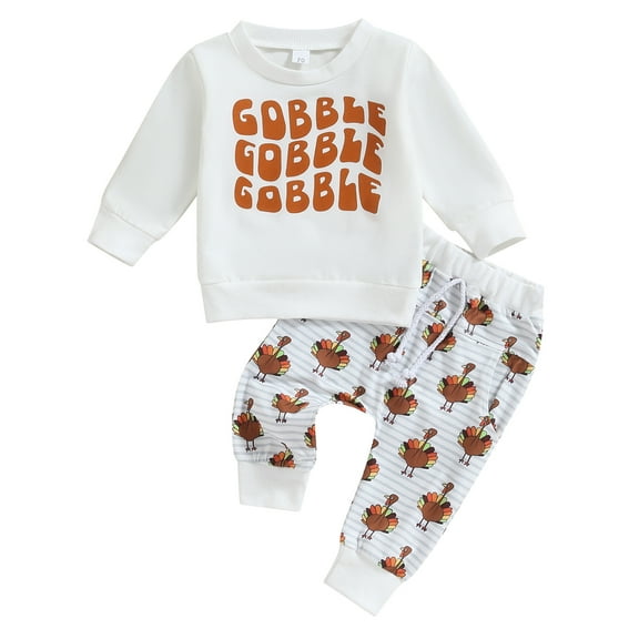Elippeo Toddler  Autumn Thanksgiving Day Toddler Boys Girls Fall Outfits 6M M12M 18M 24M 3Y Letter Print Long Sleeve Sweatshirts and Turkey Print Pants Set