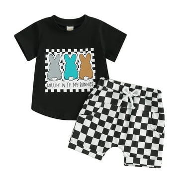 Elippeo Toddler Baby Boy Easter Clothes 6 12 18 24 Months 3 Years Bunny Print Short Sleeve T-Shirt with Checkerboard Print Shorts 2Pcs Summer Casual Outfits