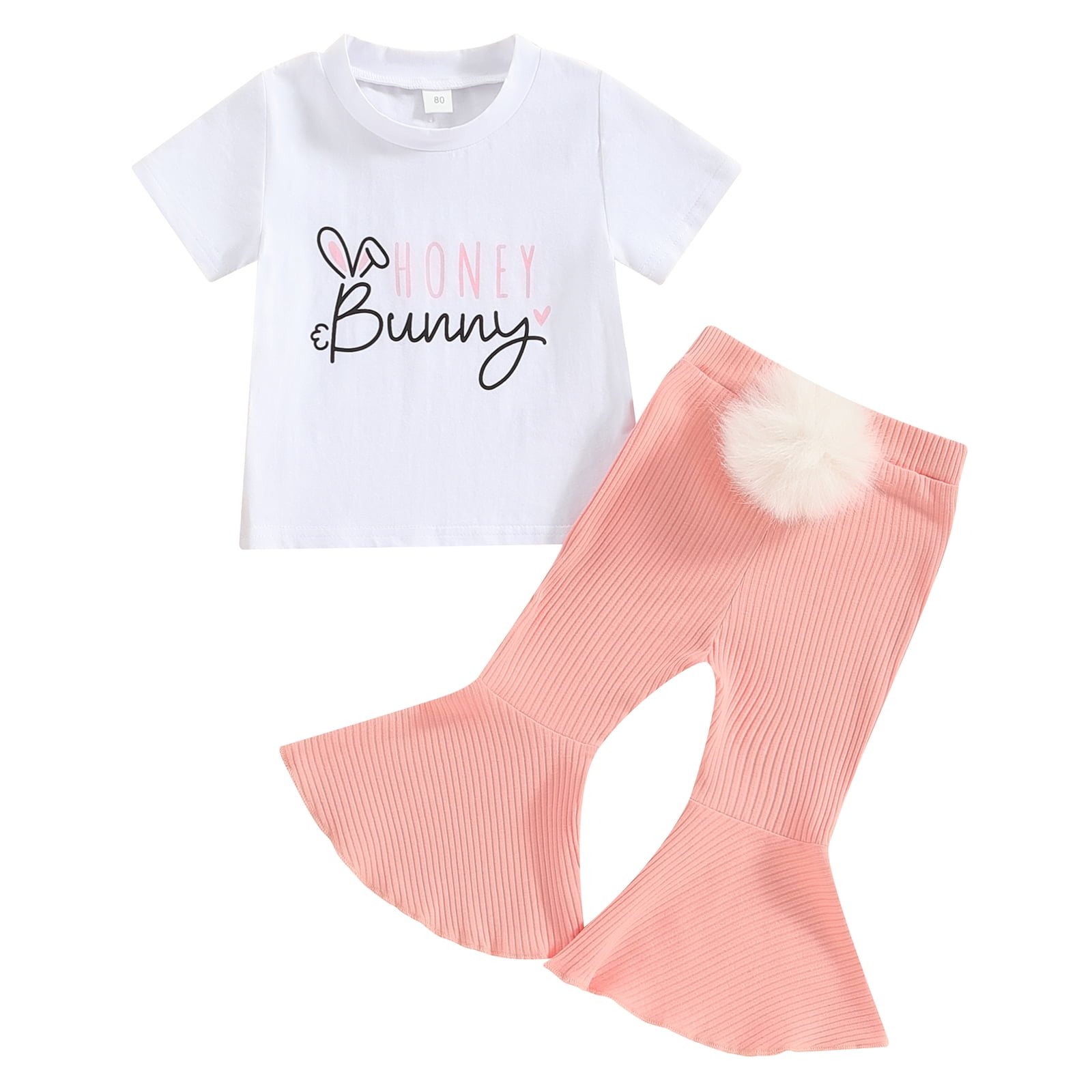 Toddler Baby Girl 2Pcs Easter Outfits 6 12 18 24 Months 2 3 4 Years Short Sleeve Tops and Flare Pants with Tail Set Clothes