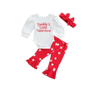 Elippeo Toddler Baby Girl Valentine Clothes Set, Letter Print Long-Sleeved Jumpsuit   Heart-Pattern Flared Pants   Bow Headband