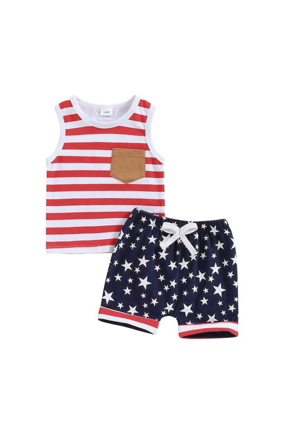 Toddler Boy 4th of July Outfit 6 12 18 24 Months 3 Years Stripe Pocket Round Neck Tank Tops with Star Pattern Shorts for Independence Day