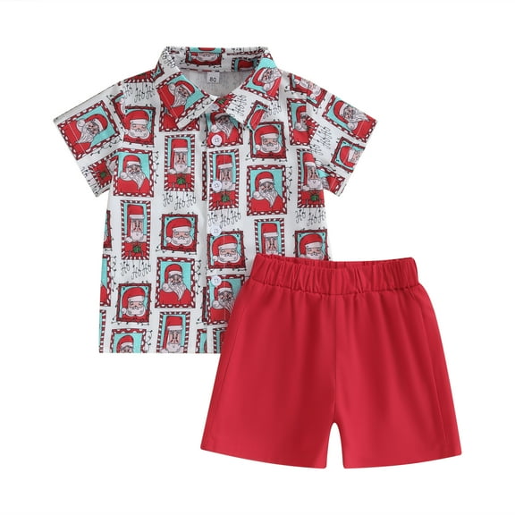 Elippeo Toddler Boy Christmas Gentleman Set 6M 18M 2Y 3Y 4Y 5Y Santa Claus Printed Short Sleeve Button Shirt Solid Color Shorts Outfits
