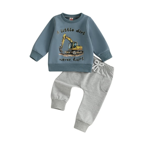 Elippeo Toddler Boy Fall Outfits Cartoon Excavator Letter Print Long Sleeve Sweatshirt and Solid Color Pants 2 Pcs Set  6 12 18 24 Months 3 Years