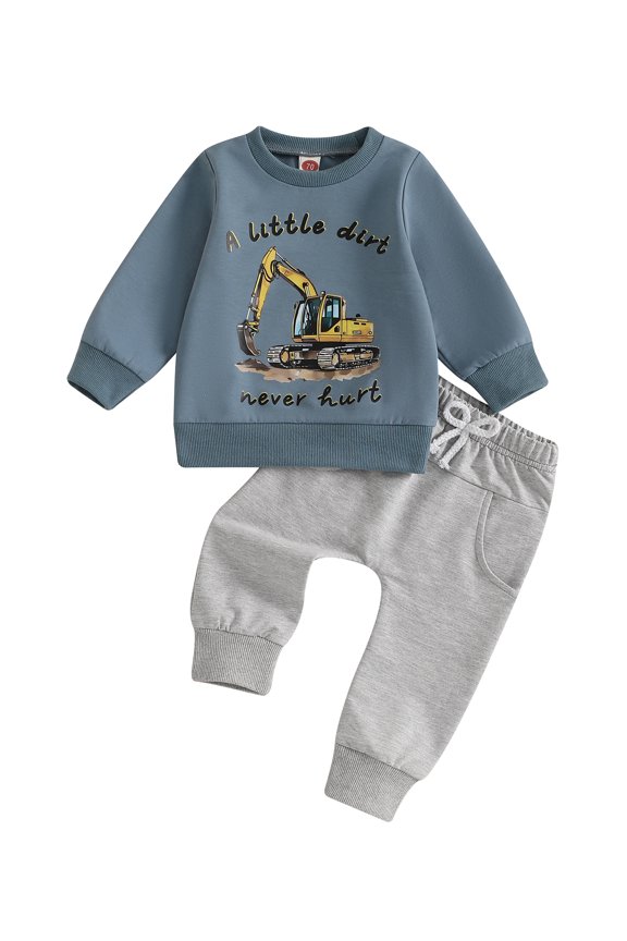 Toddler Boy Fall Outfits Cartoon Excavator Letter Print Long Sleeve Sweatshirt and Solid Color Pants 2 Pcs Set 6 12 18 24 Months 3 Years