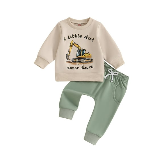 Elippeo Toddler Boy Fall Outfits Cartoon Excavator Letter Print Long Sleeve Sweatshirt and Solid Color Pants 2 Pcs Set  6 12 18 24 Months 3 Years