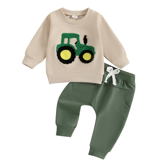 Elippeo Toddler Boy Fall Outfits Tractor Embroidery Long Sleeve Round Neck Sweatshirt with Solid Pants Set 3 6 12 18 24 Months 3 Years