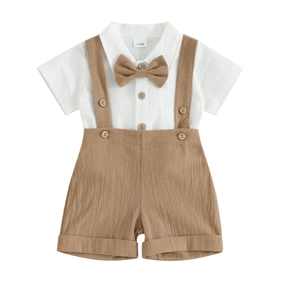Elippeo Toddler Boy Gentleman Outfit 3 6 12 18 24 Months Solid Color Short Sleeves Romper with Bow Tie and Overalls Shorts Set for Formal Wear