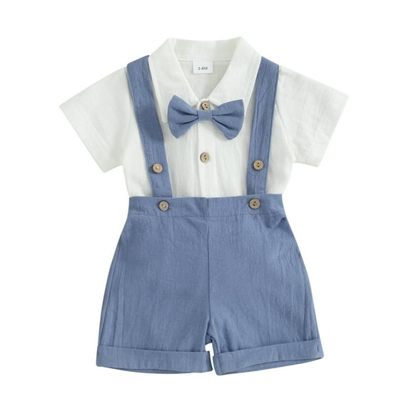 Elippeo Toddler Boy Gentleman Outfit 3 6 12 18 24 Months Solid Color Short Sleeves Romper with Bow Tie and Overalls Shorts Set for Formal Wear