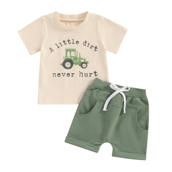 Elippeo Toddler Boy Shorts Set 6 12 18 24 Months 3 4 Years Letter Tractor Print Short Sleeve Round Neck T-Shirt with Solid Shorts 2Pcs Outfit