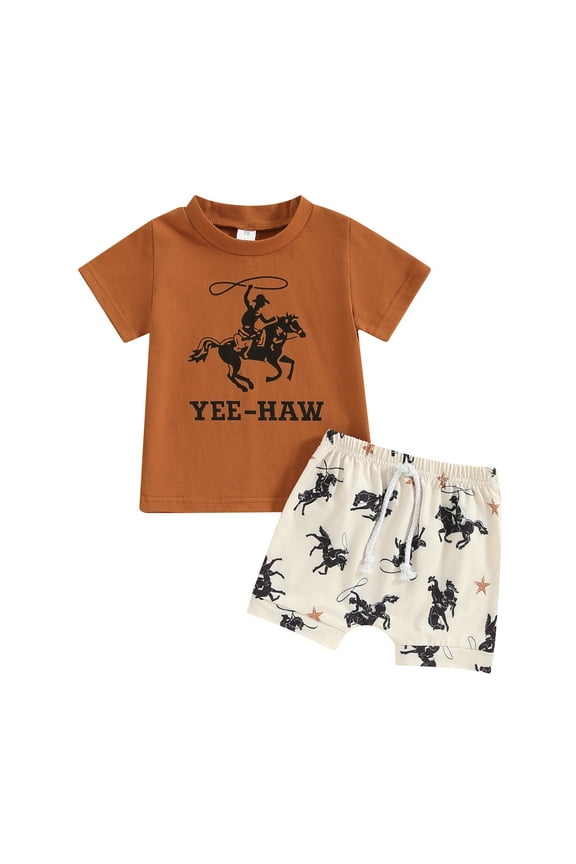 Toddler Boy Western Shorts Set 6 12 18 24 Months 3 Years Letter Print Short Sleeve T-Shirt with Horse Pattern Shorts 2Pcs Outfit