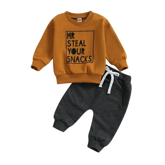 Elippeo Toddler Boys 2PCS Pants Sets 6M 12M 18M 24M 3Y Long Sleeve Letter Print Sweatshirt Tops and Drawstring Pants Sets