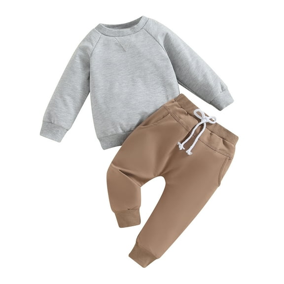 Elippeo Toddler Boys 2pcs Outfits 6M 12M 18M 24M 3Y Solid Color Long Sleeve Sweatshirt T-shirt and Elastic Casual Pants Suit