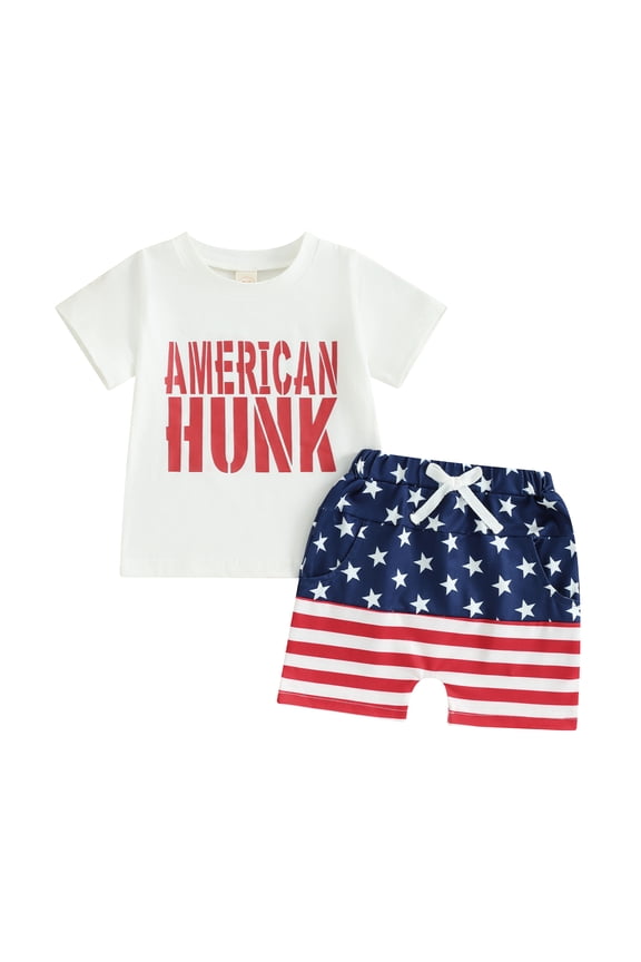 Toddler Boys 4th of July Outfits 6 12 18 24 3 Years Letter Print Short Sleeve T-Shirt and Star Stripe Shorts for 2 Piece Vacation Clothes