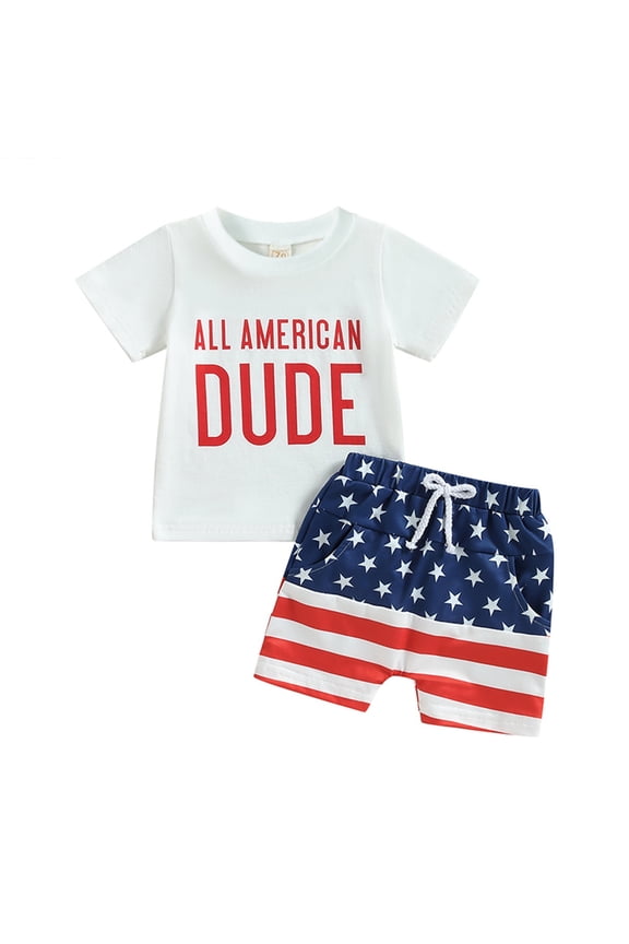 Toddler Boys 4th of July Outfits 6 12 18 24 Months 3 Years Short Sleeve Letter Print T-Shirts + Knot Front Shorts Set