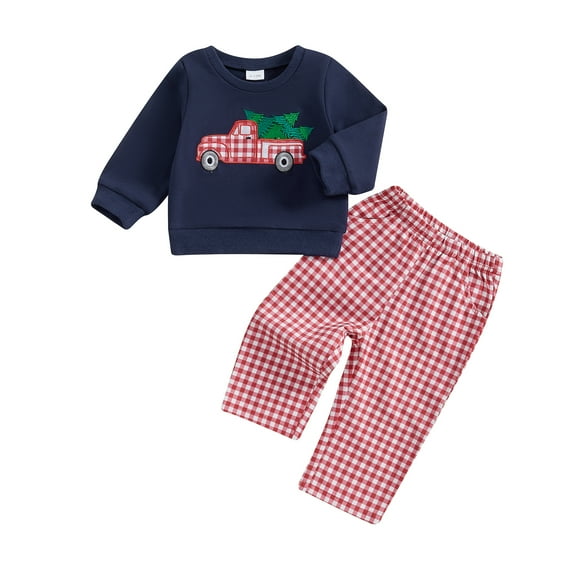 Elippeo Toddler Boys Christmas Outfits Santa/Truck Embroidery Long Sleeve Sweatshirts and Plaid Long Pants 2Pcs Clothes Set 6 12 18 24 Months 3 4 Years