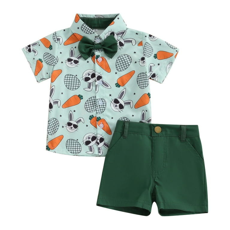 Elippeo Toddler Boys Easter Outfits 6 12 18 24 3 4 Years Months Carrot Rabbit Print Bowtie Short Sleeve Shirts Tops and Shorts 2Pcs Summer Clothes Set Walmart
