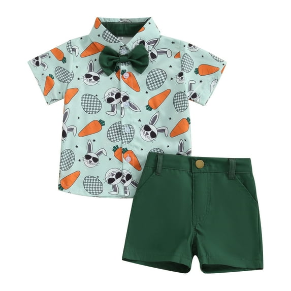 Elippeo Toddler Boys Easter Outfits 6 12 18 24 3 4 Years Months Carrot Rabbit Print Bowtie Short Sleeve Shirts Tops and Shorts 2Pcs Summer Clothes Set
