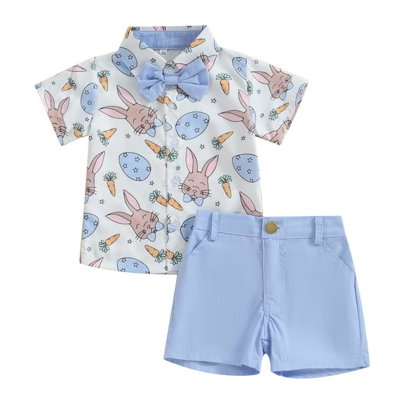 Elippeo Toddler Boys Easter Outfits 6 12 18 24 3 4 Years Months Carrot Rabbit Print Bowtie Short Sleeve Shirts Tops and Shorts 2Pcs Summer Clothes Set