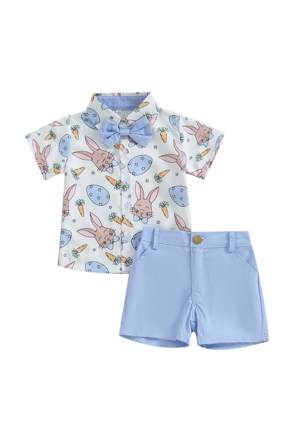 Toddler Boys Easter Outfits 6 12 18 24 3 4 Years Months Carrot Rabbit Print Bowtie Short Sleeve Shirts Tops and Shorts 2Pcs Summer Clothes Set