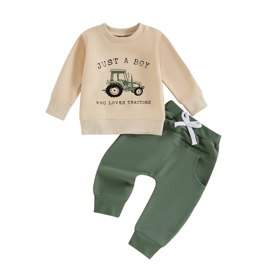 Elippeo Toddler Boys Fall Outfits 6 12 18 24 Months 3 4 Years Letter Tractor Print Long Sleeve Sweatshirts and Long Pants 2Pcs Clothes Set