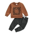 thumbnail image 1 of Elippeo Toddler Boys Fall Outfits 6 12 18 24 Months 3 Years Checkerboard Ghost Print Crew Neck Long Sleeve Sweatshirts and Long Pants 2Pcs Halloween Clothes Set, 1 of 10