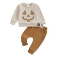 thumbnail image 1 of Elippeo Toddler Boys Fall Outfits 6 12 18 24 Months 3 Years Pumpkin Face Print Crew Neck Long Sleeve Sweatshirts and Long Pants 2Pcs Halloween Clothes Set, 1 of 10