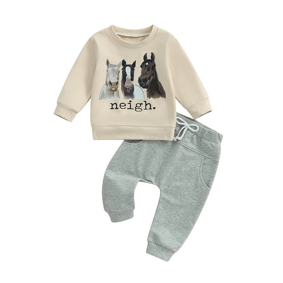 Elippeo Toddler Boys Fall Outfits Letter Horse Head Print Long Sleeve Sweatshirts and Long Pants 2Pcs Clothes Set 6 12 18 24 Months 3 4 5 Years