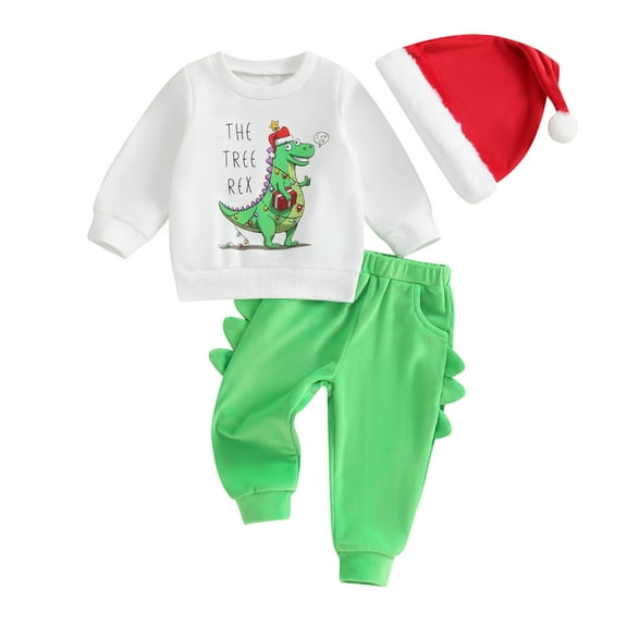 Elippeo Toddler Boys Girls Christmas Outfits 12M 18M 24M  3Y 4Y Dinosaur Letter Print Long Sleeve Sweatshirts Long Pants Hat 3Pcs Clothes Set