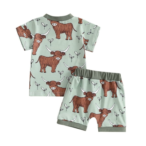 Elippeo Toddler Boys Girls Summer Outfits 3 6 12 18 24 Months 3 Years Western Cow Print Short Sleeve T-Shirts Tops and Shorts 2Pcs Clothes Set