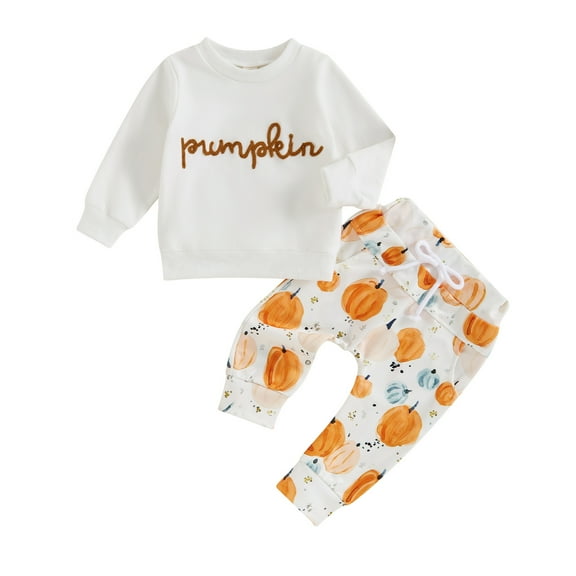 Elippeo Toddler Boys Halloween Outfits 6 12 18 24 Months 3 Years Embroidered Letter Long Sleeve Sweatshirts Pumpkin Print Long Pants 2Pcs Fall Clothes Set