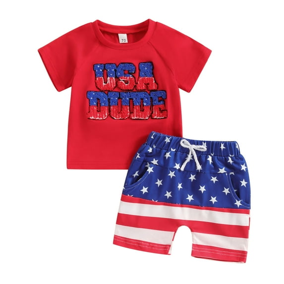 Elippeo Toddler Boys Memorial Day Outfits 6 12 18 24 Months 3 Years Letter Embroidery T-Shirt and Elastic Star Stripe Shorts for 2 Piece Clothes Set