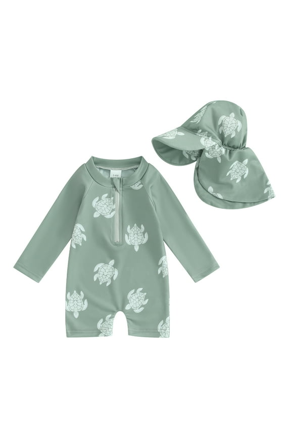Toddler Boys Rash Guard Swimsuit Rompers 3 6 12 Months 1 2 3 Years Long Sleeve Turtle/Dinosaur Print Baby Bathing Suit Swimwear with Swim Cap