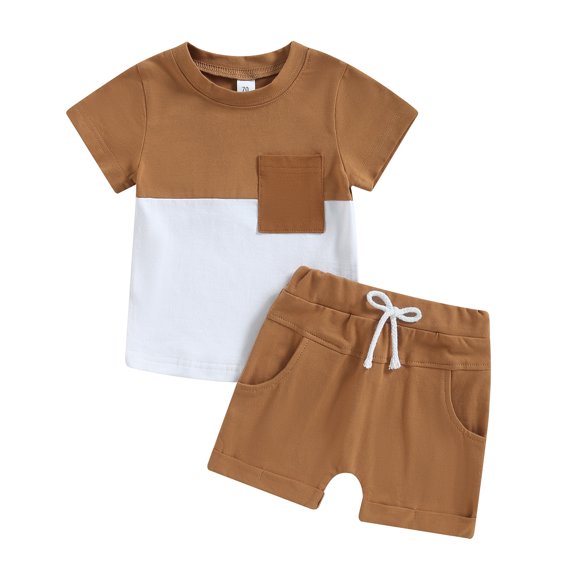 Elippeo Toddler Boys Summer Outfit Sets 6 12 18 24 Months 3 Years Short Sleeve Contrast Color Tops + Solid Color Drawstring Shorts