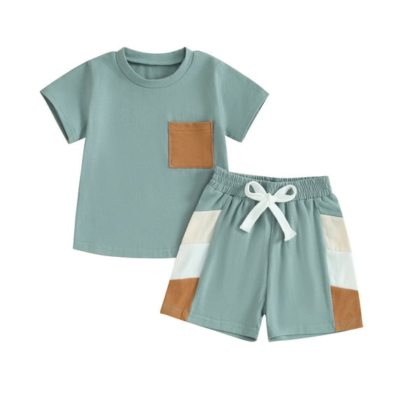 Elippeo Toddler Boys Summer Outfits 6 12 18 24 Months 3 4 Years Short Sleeve T-Shirt and Contrast Colors Elastic Shorts for 2 Piece Vacation Clothes Set