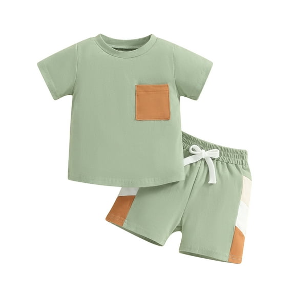 Elippeo Toddler Boys Summer Outfits 6 12 18 24 Months 3 4 Years Short Sleeve T-Shirt and Contrast Colors Elastic Shorts for 2 Piece Vacation Clothes Set