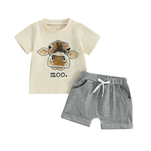 Elippeo Toddler Boys Summer Shorts Sets 6 12 18 24 Months 3 Years Short Sleeve Cattle Head Print Tops and Drawstring Shorts Sets