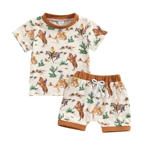 Elippeo Toddler Boys Western Shorts Sets 6 12 18 24 Months 3 Years Short Sleeve Cactus Cattle/Cactus Horse Print Tops and Drawstring Shorts Sets