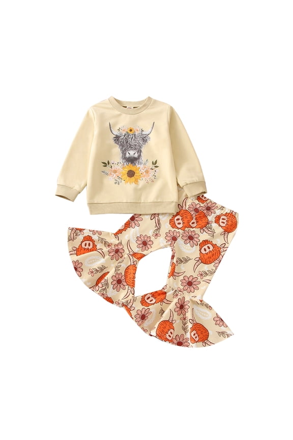 Toddler Girl 2Pcs Fall Outfits 12M 18M 24M 3Y 4Y 5Y Long Sleeve Highland Cow Print Pullover Tops and Flare Pants Set