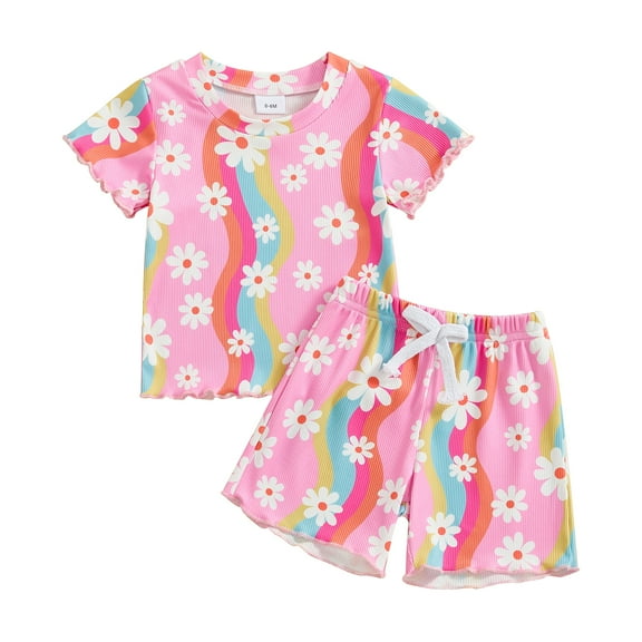 Elippeo Toddler Girl Rainbow Outfit, Daisy Print Short Sleeve Lettuce Trim Tops Elastic Waist Shorts Baby 2 Piece Summer Set
