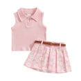 thumbnail image 1 of Elippeo Toddler Girl Summer Outfit 6 12 18 24 Months 3 4 Years Solid Color Ribbed Sleeveless Tank Tops and Daisy Print Pleated Skirts with Belt 2Pcs Clothes Set, 1 of 10