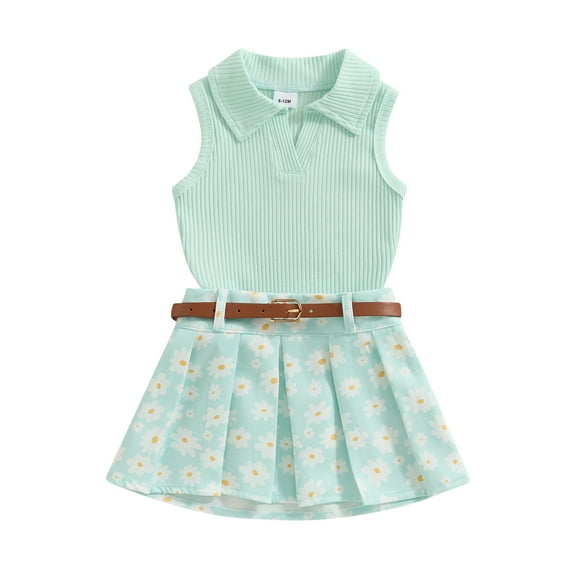 Elippeo Toddler Girl Summer Outfit 6 12 18 24 Months 3 4 Years Solid Color Ribbed Sleeveless Tank Tops and Daisy Print Pleated Skirts with Belt 2Pcs Clothes Set