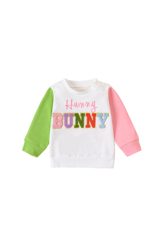 Toddler Girls Boys Sweatshirts Easter Clothes 6 12 18 24 Months 3 Years Fuzzy Letter Embroidery Contrast Color Long Sleeve Pullovers Baby Spring Tops