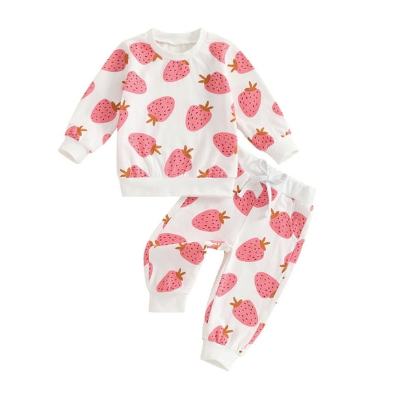 Elippeo Toddler Girls Fall Outfits Strawberry Print Long Sleeve Sweatshirt and Elastic Sweatpants Set 6 12 18 24 Months 3 Years