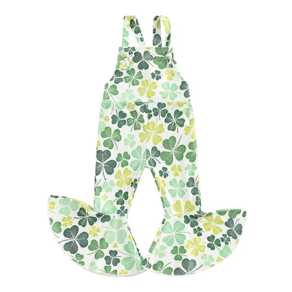 Elippeo Toddler Girls Romper Jumpsuit 6M 12M 18M 24M 3Y 4Y Sleeveless Halter Shamrock Print Backless Bell Bottom Overalls Kids Ireland Festival Clothes